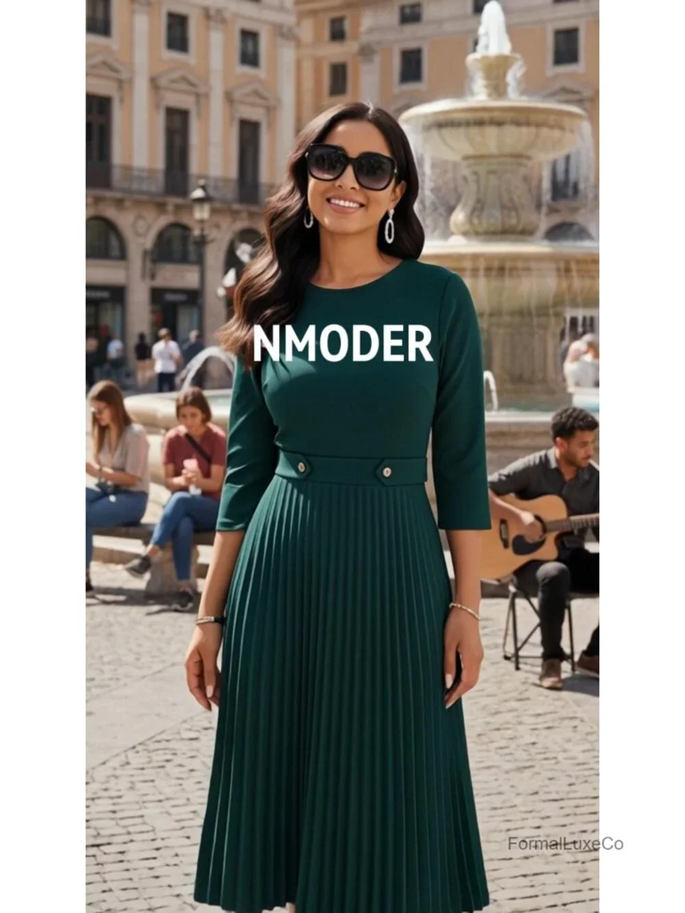 Pleated Midi Dress A-Line 3/4 Sleeve Church Work Casual with Pockets